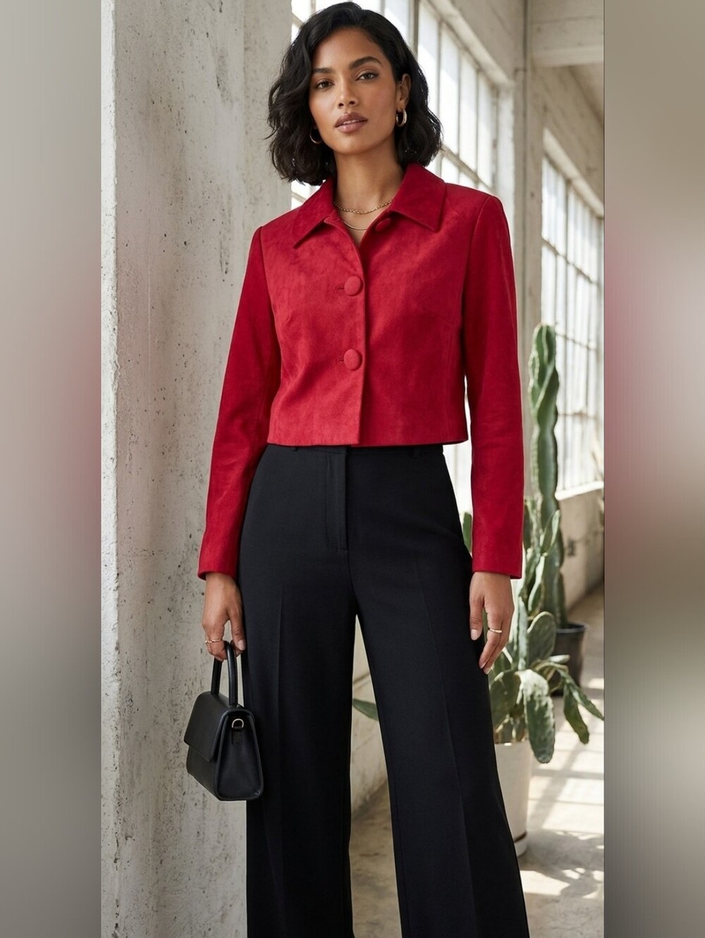 Cropped Red Suede Blouse with Collar